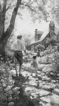 Charcoal sketch of peaceful Easter morning with family finding eggs in their garden