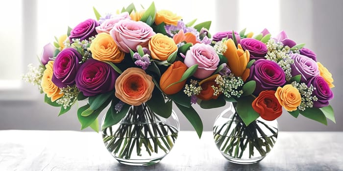 Floral Elegance. A vibrant bouquet of spring flowers arranged in a stylish vase with soft natural lighting to symbolize elegance and femininity