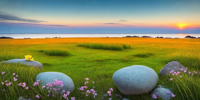 Inspirational Nature. A serene landscape photograph of a peaceful meadow at sunrise with a single flower resting on a rock or in the grass to convey a sense of tranquility and inner strength.