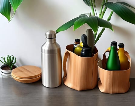 Sustainable Living. Showcase a sustainable lifestyle with a composition of reusable eco-friendly products like a bamboo toothbrush, a stainless steel water bottle, and a canvas tote bag