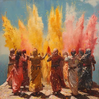 Surreal depiction of people in diverse traditional costumes, joyously throwing colored powder for Holi.