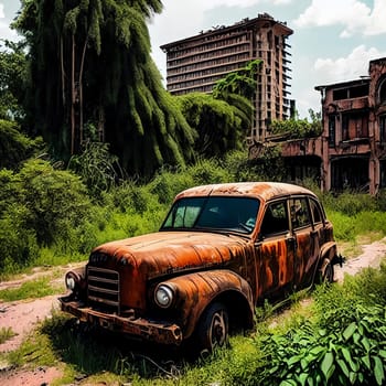 Abandoned cityscape, Deserted cityscape overgrown with vegetation, showcasing dilapidated skyscrapers, rusted cars, and nature reclaiming the urban environment.