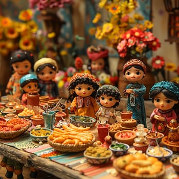 Claymation scene of colorful Nowruz table setting, with children laughing in background.