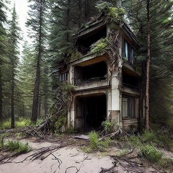 Nature's Takeover. Post-apocalyptic setting where nature prevails, with trees growing through broken concrete, wildlife thriving in abandoned structures, and a sense of harmony between man-made structures and the natural world.