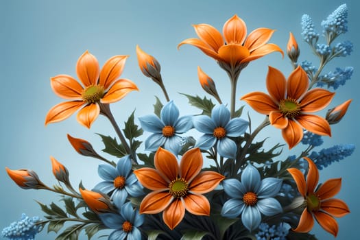 Bouquet of colorful bright flowers, isolated on a blue background.