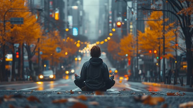Conceptual photo of person meditating in urban setting to represent World Sleep Day