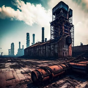 Industrial Decay. Industrial area in decay, with abandoned factories, rusty machinery, and a polluted skyline creating a haunting scene of industrial collapse.