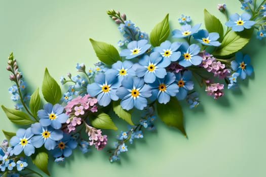 Bouquet of colorful bright flowers forget-me-not , isolated on a blue background.