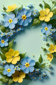 Bouquet of colorful bright flowers forget-me-not , isolated on a blue background.