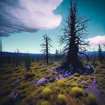 Post-nuclear Wilderness. Landscape transformed by nuclear fallout, featuring mutated flora, eerie rock formations, and a toxic sky tinged with ominous hues.