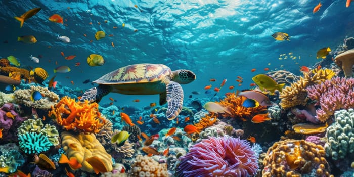 A sea turtle glides through the clear blue waters of a coral reef teeming with colorful marine life and diverse coral formations. Resplendent.