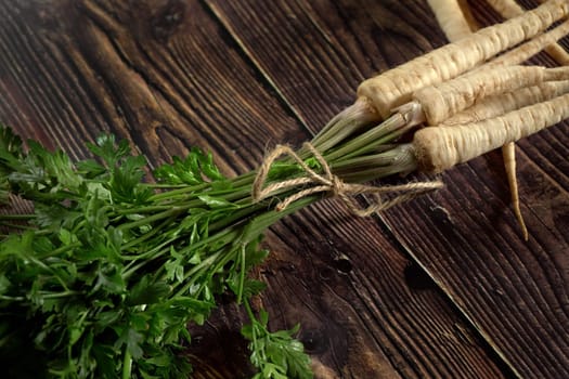 Bunch of parsnip / parsley roots with green leaves on dark wooden rustic boards