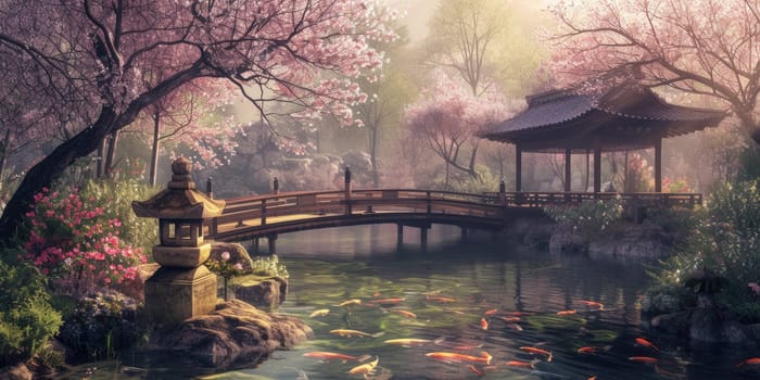 A tranquil Japanese garden in spring, featuring a wooden bridge over a koi pond surrounded by blooming cherry trees and traditional lanterns. Resplendent.