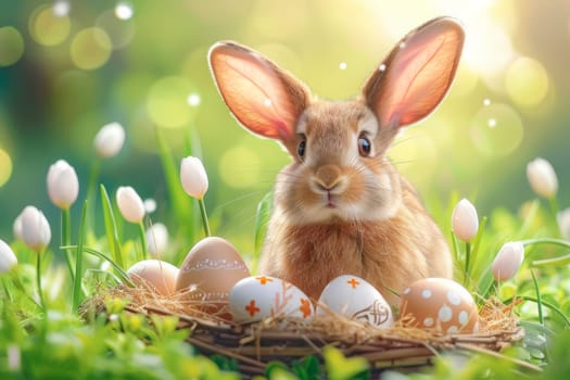 Cute Easter rabbit with decorated eggs and spring flowers on green spring landscape.Happy Easter greeting card, banner.