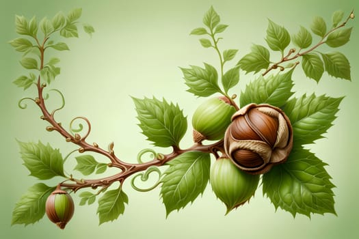 Hazelnuts with foliage isolated on green background, frame