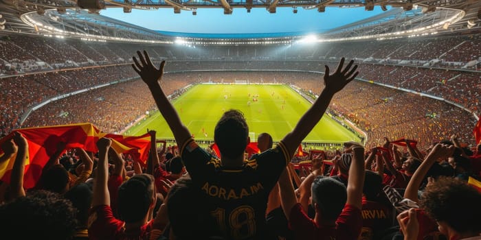 A group of soccer fans at a sports event, standing in a stadium with arms raised in a gesture of leisure and entertainment, engaged in a thrilling football competition. AIG41