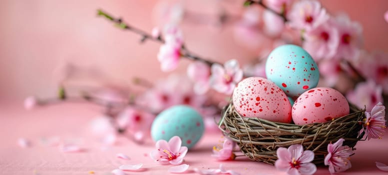 Easter holiday celebration banner greeting card banner with easter eggs and flowers on a pink background.