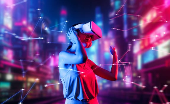 Female standing in virtual reality cyberpunk style building wear VR headset connecting metaverse, future cyberspace community technology, Woman dancing raising one arm holding goggle. Hallucination.