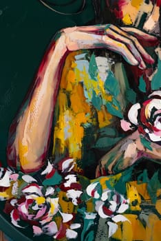 The girl is painted with a palette knife and oil paints on round plywood. Conceptual abstract picture of a beautiful girl. Conceptual abstract closeup of an oil painting and palette knife on canvas.