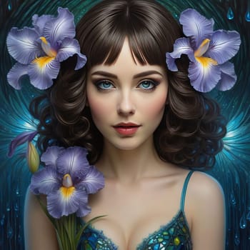 Girl with striking blue eyes adorned with flowers in her hair. For fashion magazine, blog, botanical website, beauty product advertisement, inspirational, motivational poster, social media profile