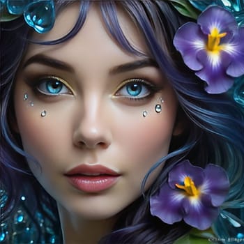 Girl with striking blue eyes, flowers adorning her hair. For fashion magazine, botanical illustration website, beauty product advertisement, inspirational, motivational poster, social media profile