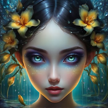 Woman adorned with irises in her hair, symbolizing beauty, nature. For fashion magazine, blog, botanical website, beauty product advertisement, inspirational, motivational poster, social media profile