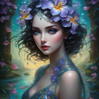 Serene girl adorned with flowers in her hair, reflecting beauty, tranquility. For fashion magazine, blog, botanical website, beauty product, inspirational, motivational poster, social media profile