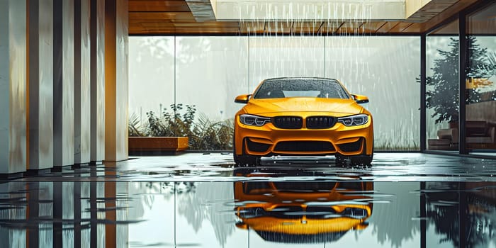 A sleek yellow BMW M4 is parked in a garage, with its shiny automotive lighting and stylish grille standing out. The vehicles tires, wheels, and hood are all perfectly designed