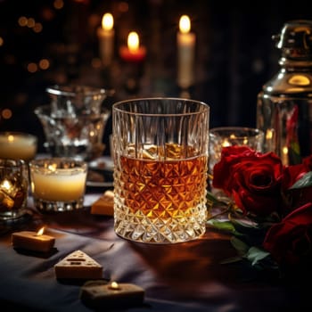 Glasses of whiskey with ice cubes in them on top of bar table next to a bottle, perfectly chilled and ready to enjoy. Night club background decoration mock up, bar drinking menu, advertising, banner