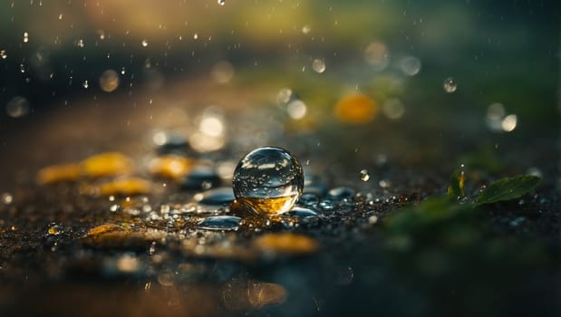 Photograph of falling raindrops. AI generated