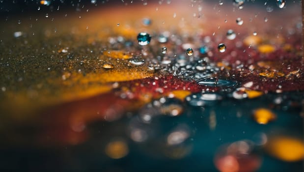 Photograph of falling raindrops. AI generated