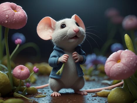 Cute little mouse standing under a flower. AI generated
