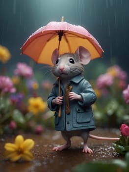 Cute little mouse standing under a flower. AI generated