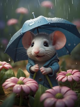 Cute little mouse standing under a flower. AI generated