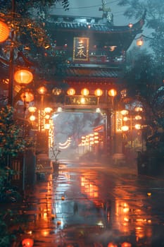 A symmetrical city reflects in the water on a rainy night, with lanterns illuminating a temple in the background. The darkness adds an artistic vibe to the midnight event
