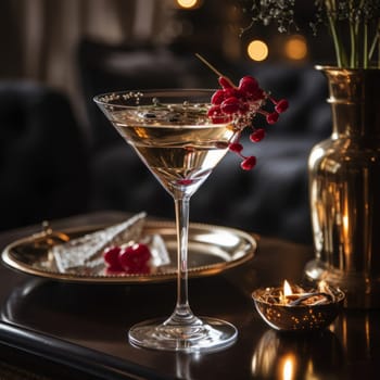 Martini glass filled with assorted berries surrounded by flickering candles on beautifully set table. For Christmas greeting, advertising Christmas partie, event, in restaurant, bar, banner