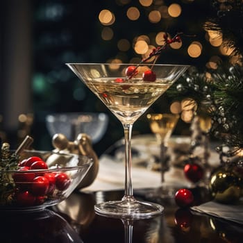 On table is martini glass filled with assorted berries, surrounded by flickering candles.For well as for designing cocktail themed menu, parties, Christmas greeting card, Night club background, banner