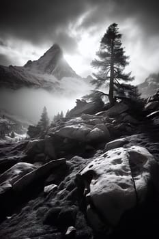 Black and white landscape of misty mountains with a stand of trees - Generative AI