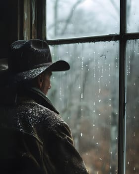 A man wearing a sun hat gazes out of a tinted window on a rainy day, observing the darkness outside. The art of a rainy event reflected on the glass of a buildings window intrigues him