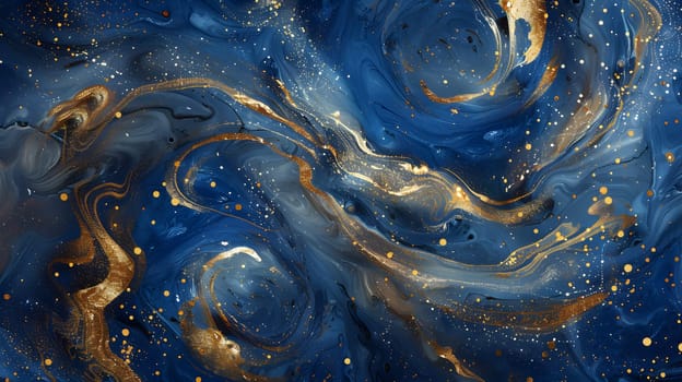 An artistic painting of an electric blue and gold marble texture with swirling patterns resembling wind waves and stars, creating an astronomical object within a fluid circle