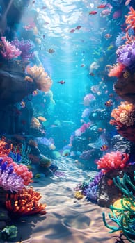 An underwater world of vibrant pink corals and colorful fish thriving in the aqua waters of a coral reef, a beautiful masterpiece of marine biology