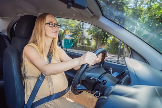 Pregnant woman driving with safety belt on in the car. Confident and capable, a pregnant woman takes the wheel, driving with care and determination as she navigates the journey of motherhood.