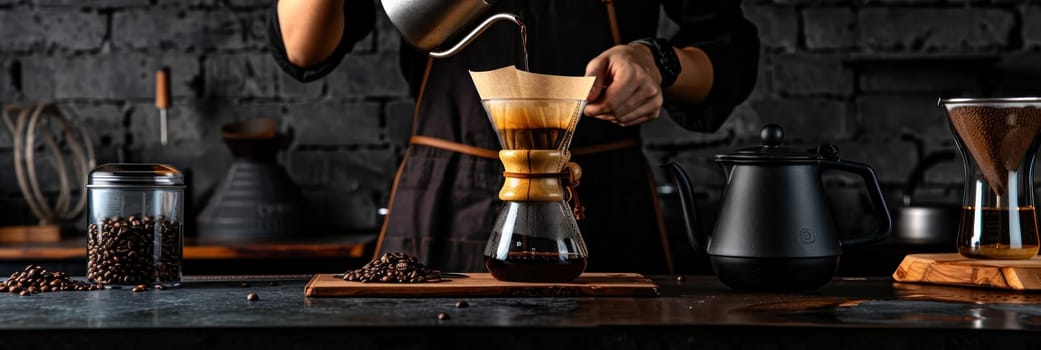 Professional barista making filtered drip coffee in coffee shop..