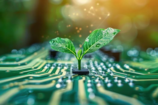 Small plant on circuit board, technology and sustainability concept..