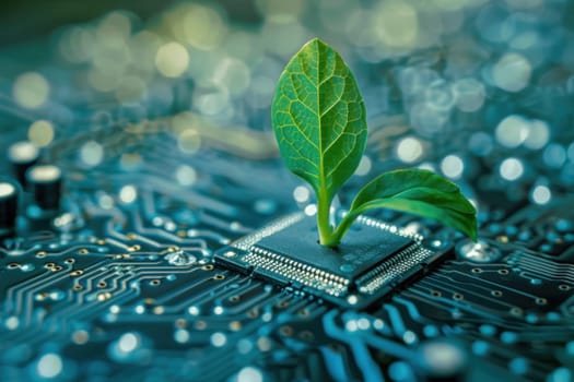 Small plant on circuit board, technology and sustainability concept..