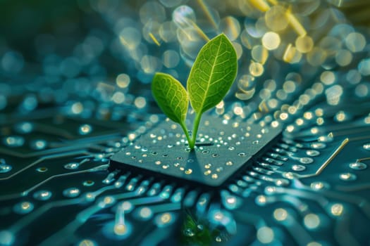 Small plant on circuit board, technology and sustainability concept..