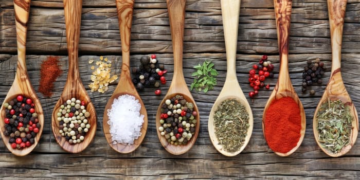 Spices in wooden spoons rustic setting culinary inspiration..