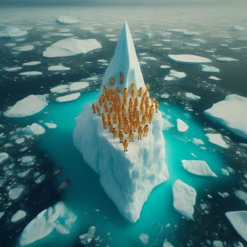 aerial view of group people wearing yellow winter garment standing on a large block of ice in the middle of the ocean. AI generated