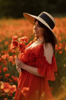 Woman poppy field red dress hat. Happy woman in a long red dress in a beautiful large poppy field. Blond stands with her back posing on a large field of red poppies