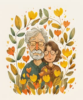 An elderly man and a young girl, wearing glasses, surrounded by flowers and leaves, happily greet each other in a creative arts painting illustration within a rectangular frame